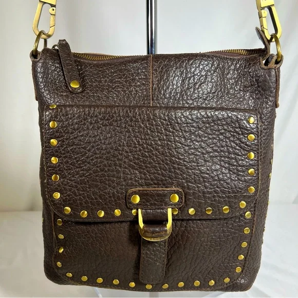 Rafe New York Distressed Pebbled Leather Studded Brown Crossbody Shoulder Bag - Picture 1 of 16